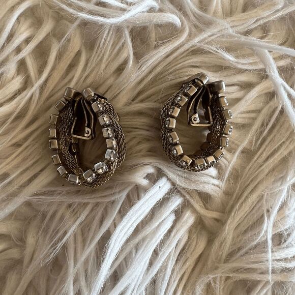 vtg 60s statement clip on earrings goldtone rope square‎ rhinestone glam party - Picture 2 of 9